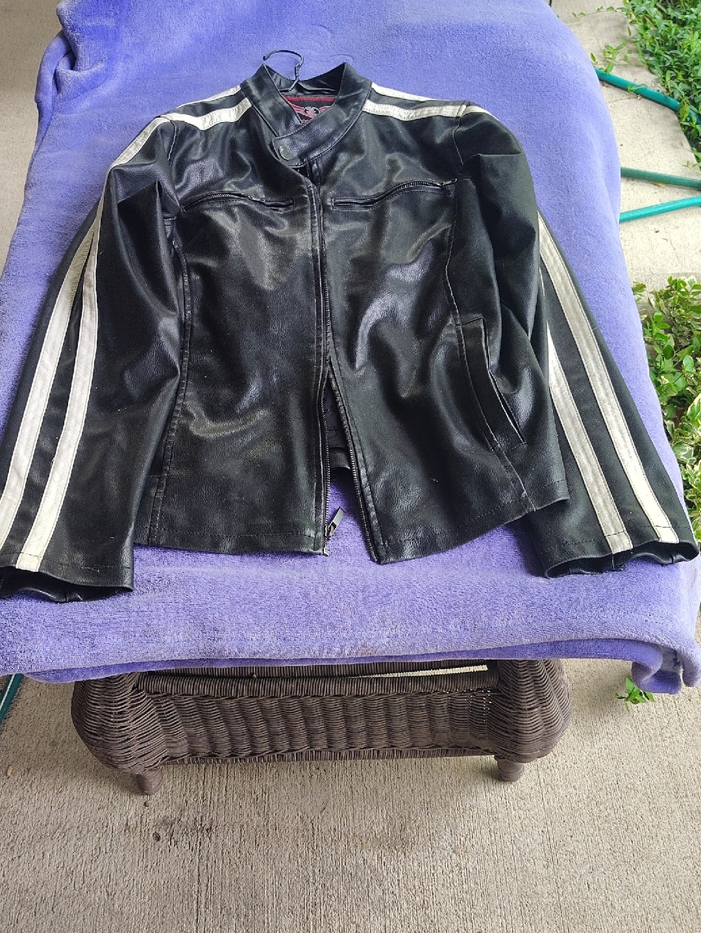 Women’s Black Faux Leather Jacket with White Sleeve Stripes
